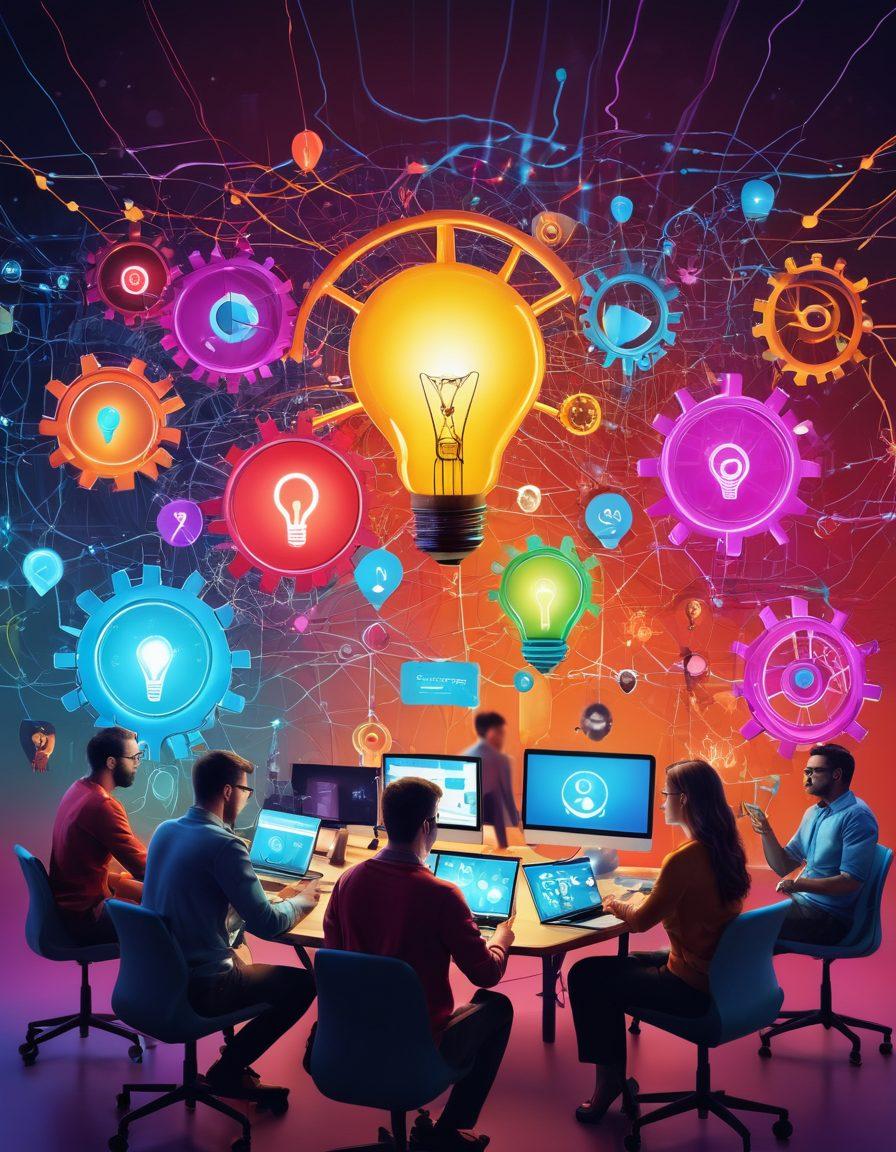 A vibrant digital landscape showcasing a diverse group of people collaborating online, surrounded by symbols of creativity such as lightbulbs, gears, and interconnected network lines. Include various online platforms depicted on screens or devices, emphasizing engagement and collaboration. The scene should have a dynamic feel, with vibrant colors to reflect innovation and impact. super-realistic. bright colors. digital art.
