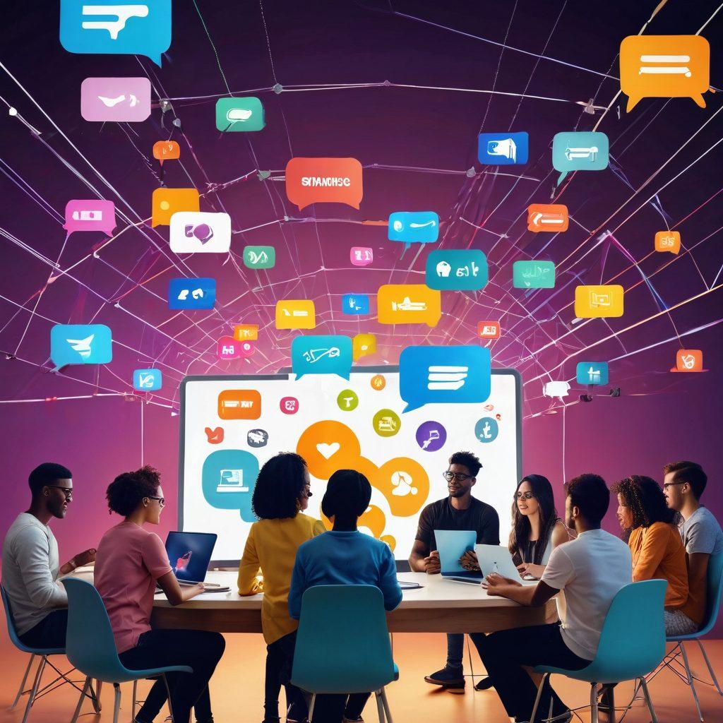 A diverse group of content creators networking under a virtual bridge made of digital icons, with colorful social media logos floating around. They are engaging in conversations, sharing ideas, and showcasing their blogs on tablets and laptops. The scene is lively and dynamic, with elements representing collaboration and creativity. A bright, inviting color palette emphasizes inclusivity and connection. super-realistic. vibrant colors. 3D.