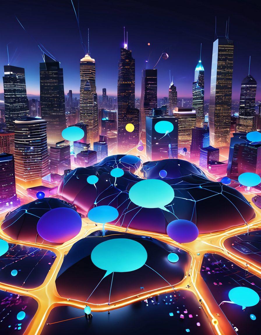 A vibrant digital landscape featuring interconnected blog nodes symbolizing networking, with diverse content creators sharing ideas and creating together. Include elements like laptops, chat bubbles, and glowing connections flowing between them. The background should showcase a futuristic cityscape to represent the vastness of the blogosphere. super-realistic. vibrant colors. 3D.
